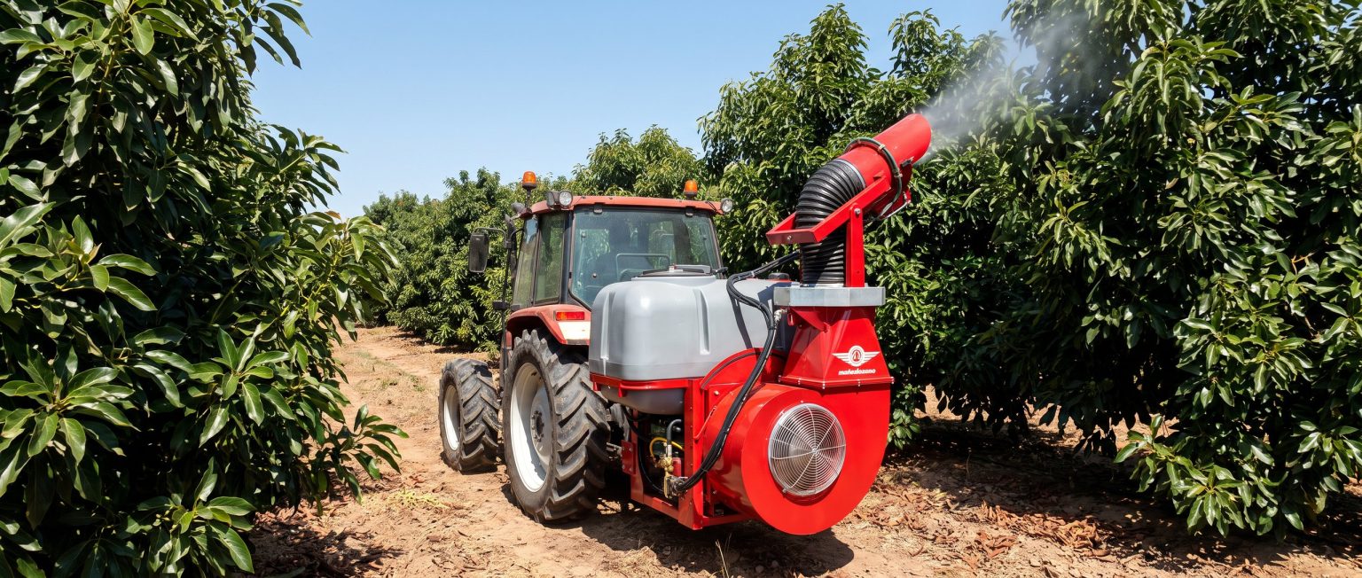 Tractor with Navarone mounted cannon treating an avocado plantation