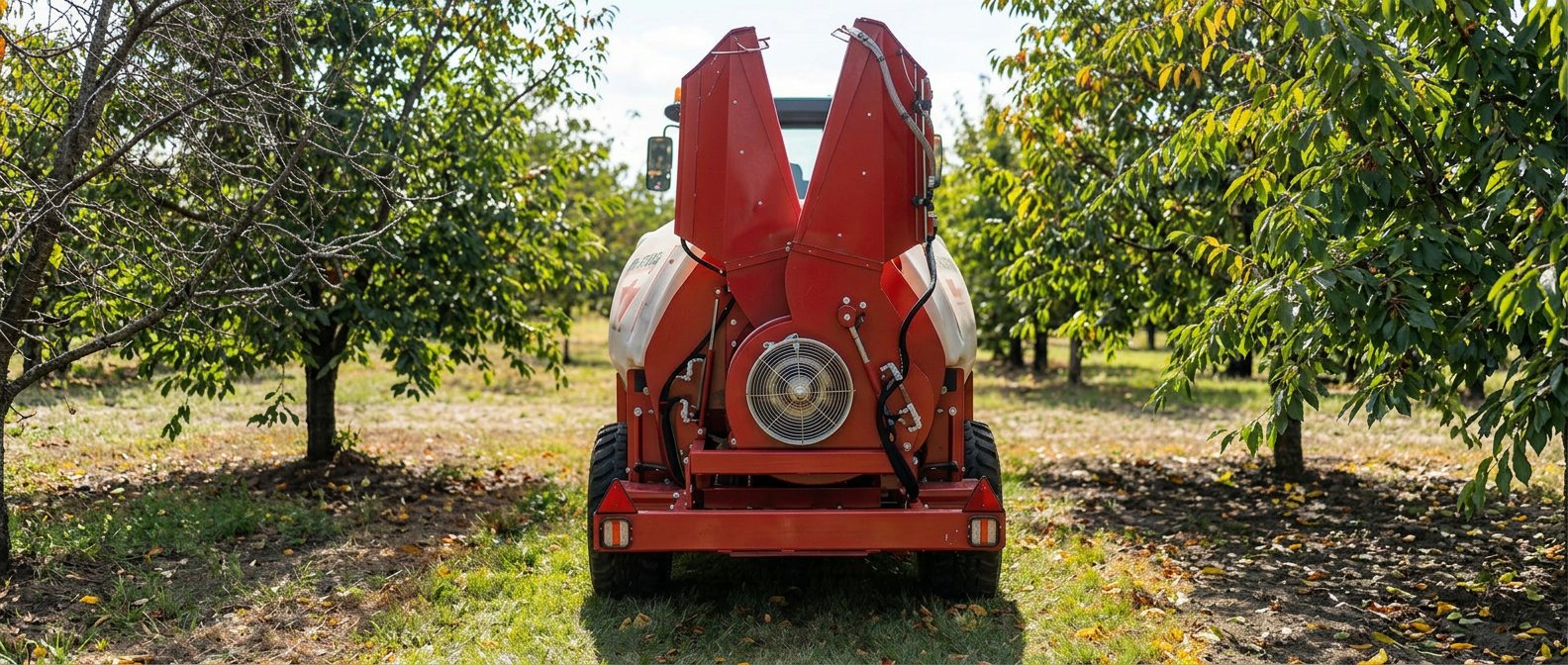 Atomizador de cañón doble Navarone en una plantación de frutales