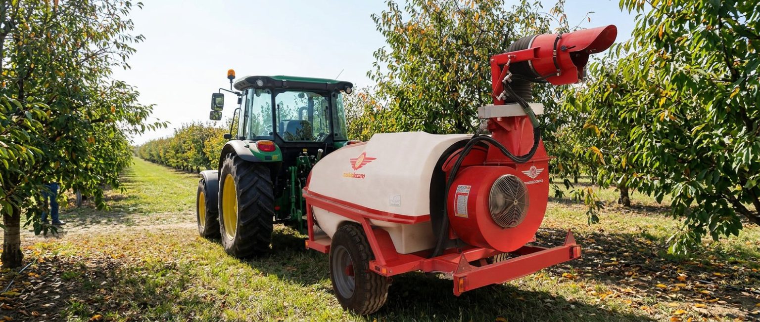 Tractor with a Navarone single cannon sprayer in a plantation