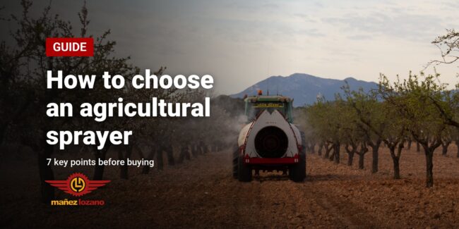 Twister trailed sprayer treating an almond orchard, with the title How to choose an agricultural sprayer