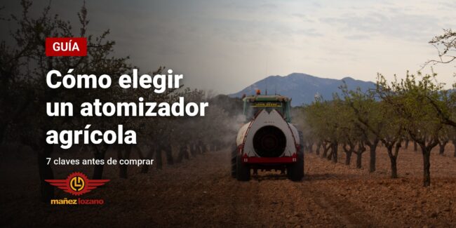 Atomizador arrastrado Twister tratando un almendral, con el título Cómo elegir un atomizador agrícola
