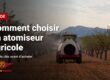 Atomiseur traîné Twister traitant un verger d’amandiers, avec le titre Comment choisir un atomiseur agricole