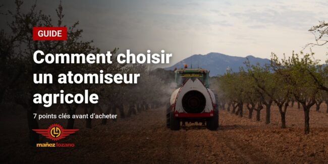 Atomiseur traîné Twister traitant un verger d’amandiers, avec le titre Comment choisir un atomiseur agricole
