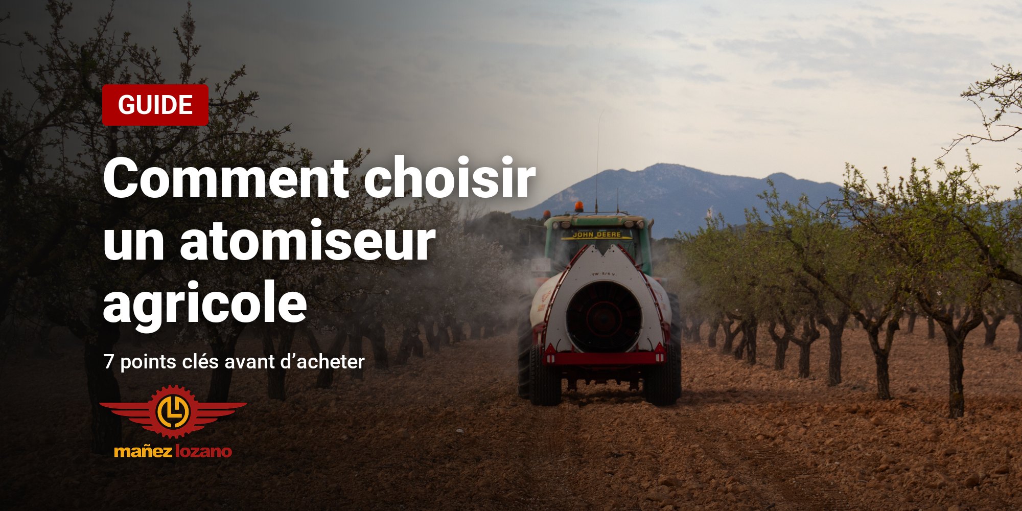 Atomiseur traîné Twister traitant un verger d’amandiers, avec le titre Comment choisir un atomiseur agricole