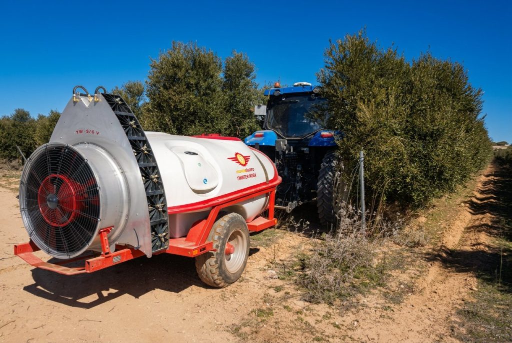 Atomiseur Mega Twister S6 à côté d'une oliveraie