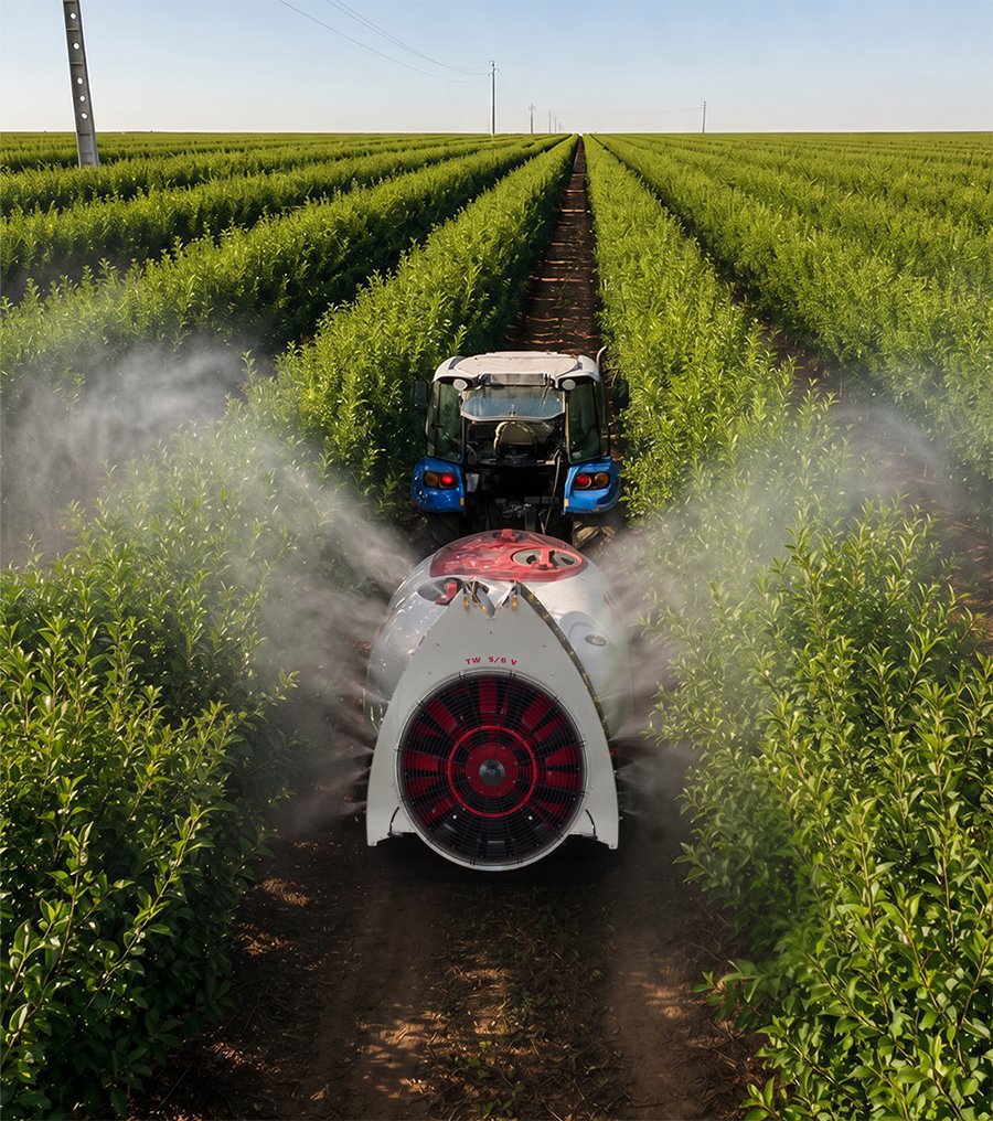 Tracteur avec atomiseur Mega Twister S6 traitant une plantation en haie