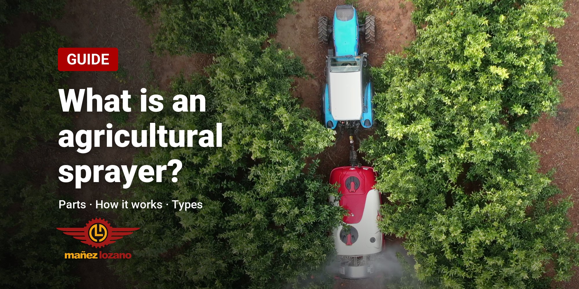 What is an agricultural sprayer? Mañez y Lozano guide Twister agricultural sprayer treating an orange grove, seen from the air, with the title What is an agricultural sprayer?