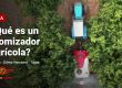 Atomizador agrícola Twister tratando un naranjal, visto desde el aire, con el título ¿Qué es un atomizador agrícola?