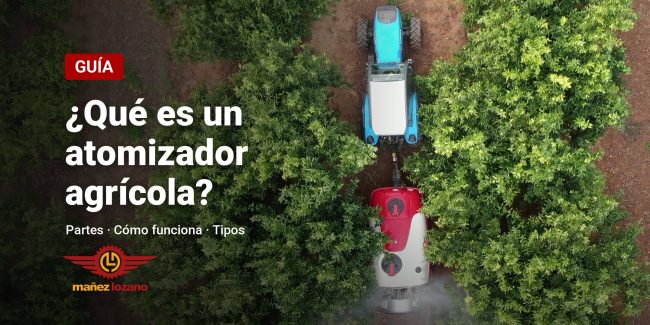 Atomizador agrícola Twister tratando un naranjal, visto desde el aire, con el título ¿Qué es un atomizador agrícola?