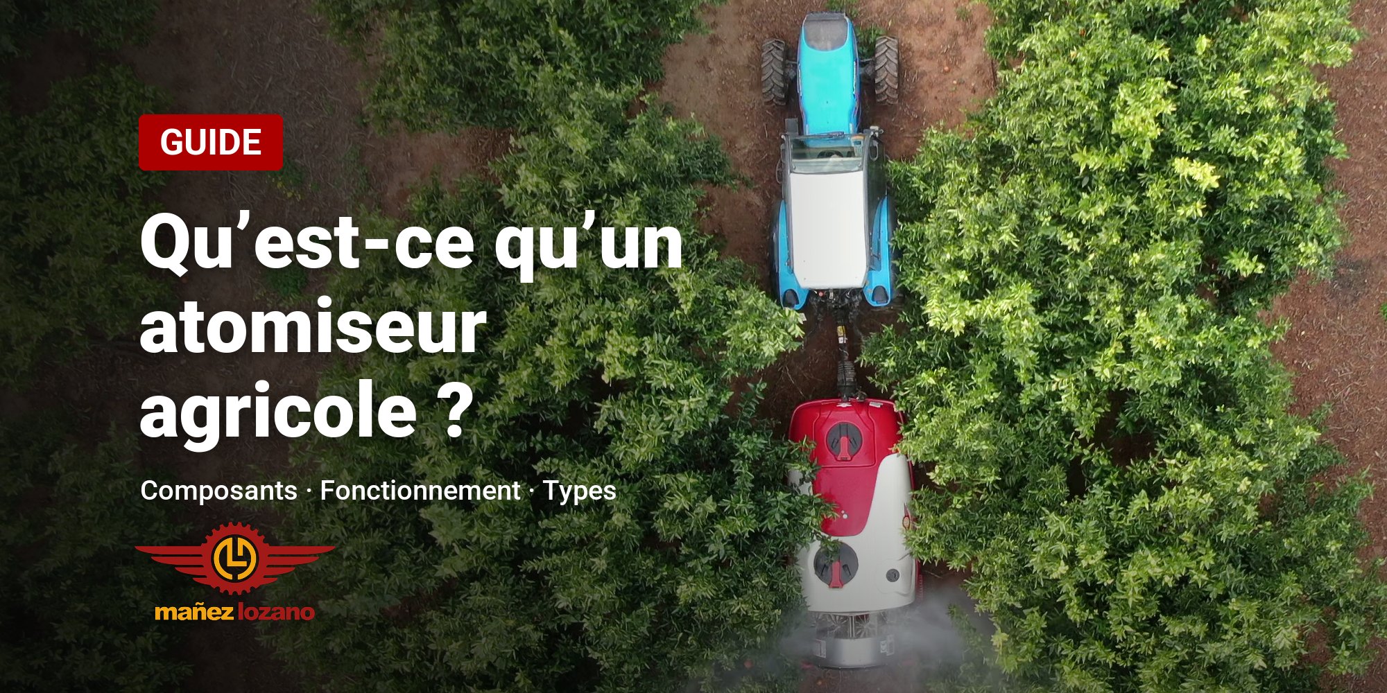 Qu’est-ce qu’un atomiseur agricole ? Guide Mañez y Lozano Atomiseur agricole Twister traitant une orangeraie, vu du ciel, avec le titre Qu’est-ce qu’un atomiseur agricole ?