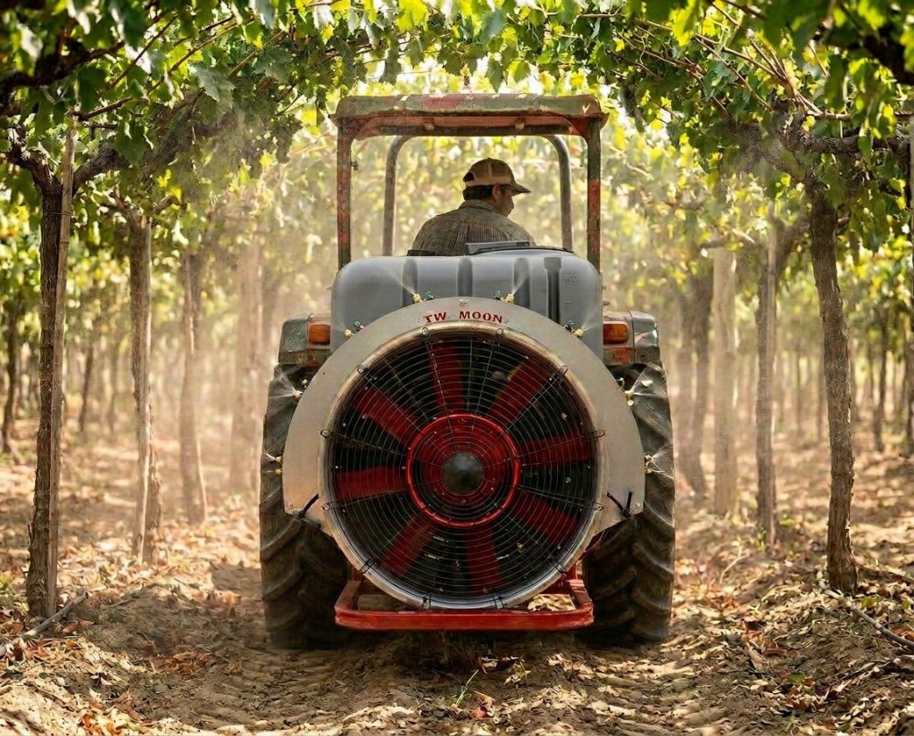 Tracteur avec atomiseur porté Twister Moon dans une vigne en treille